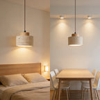 Owaelindra Cylinder, Natural Wood cap, styled bedside and above a dining table