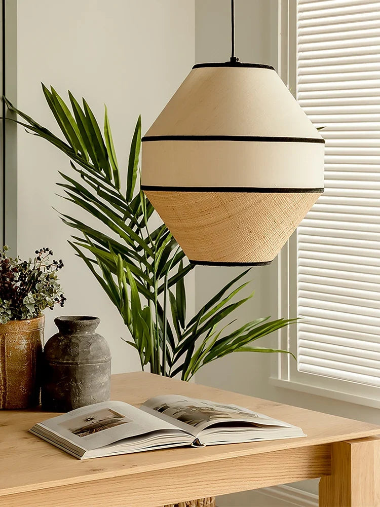Wabi-Sabi Handwoven Raffia Pendant Light Delavon – Hourglass Style Lifestyle