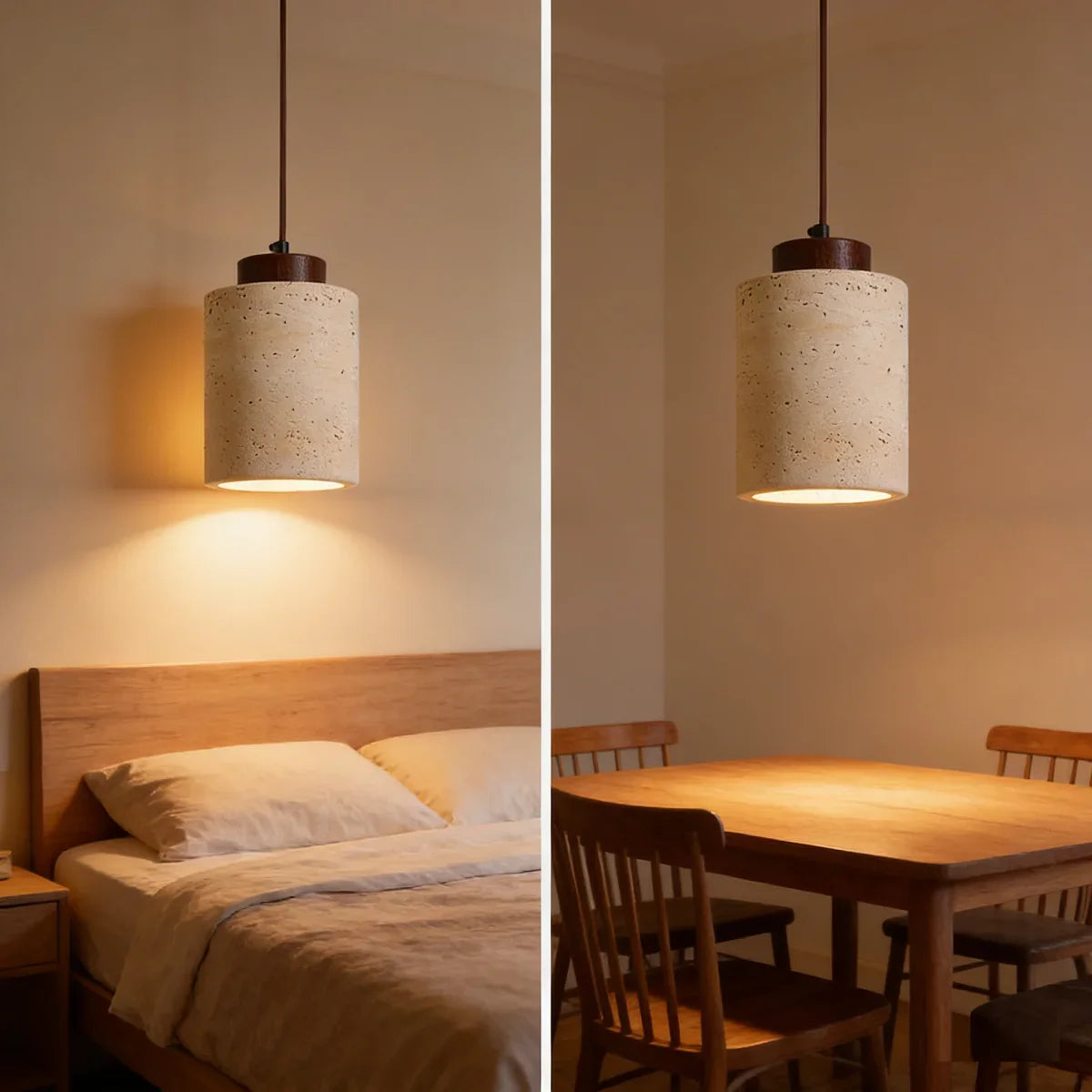 Owaelindra Cylinder, Walnut cap, styled bedside and above a dining table