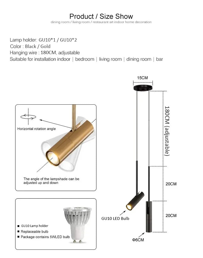 Polanthos dimensions: canopy 15cm, head 20cm x 6cm, adjustable cable up to 180cm, GU10 bulb