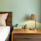 Handwoven rattan cone lamp shade — Syaelindra, bedside lifestyle scene