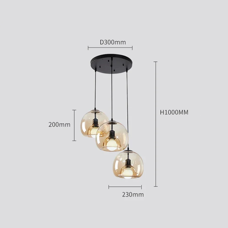 Glass Globe Cluster Pendant Trivorn – 3-Light Round Base, Cognac, Dimensions