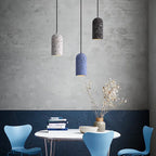 Terrazzo cylinder pendant trio — Yxaelorn, grey blue and black over dining table
