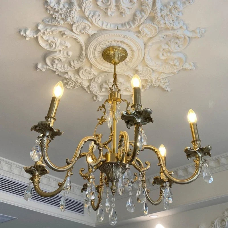 Kaevorn baroque copper and crystal candle chandelier — living room scene
