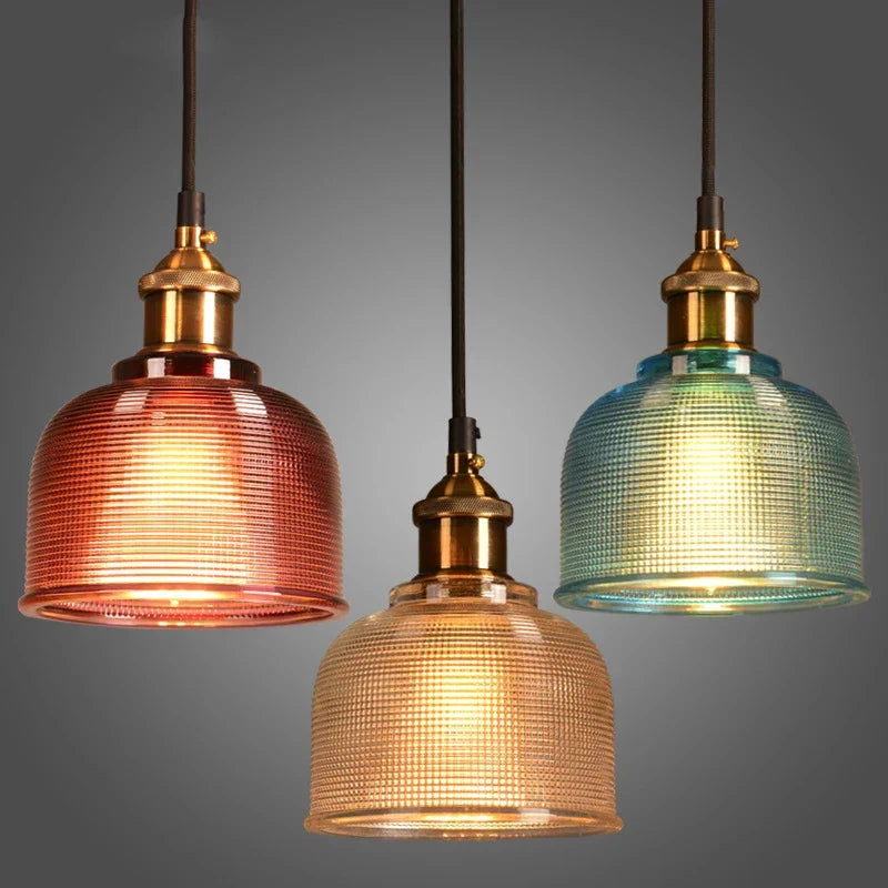 Ribbed Glass Bell Pendant Light Gilnox – Red, Clear and Blue