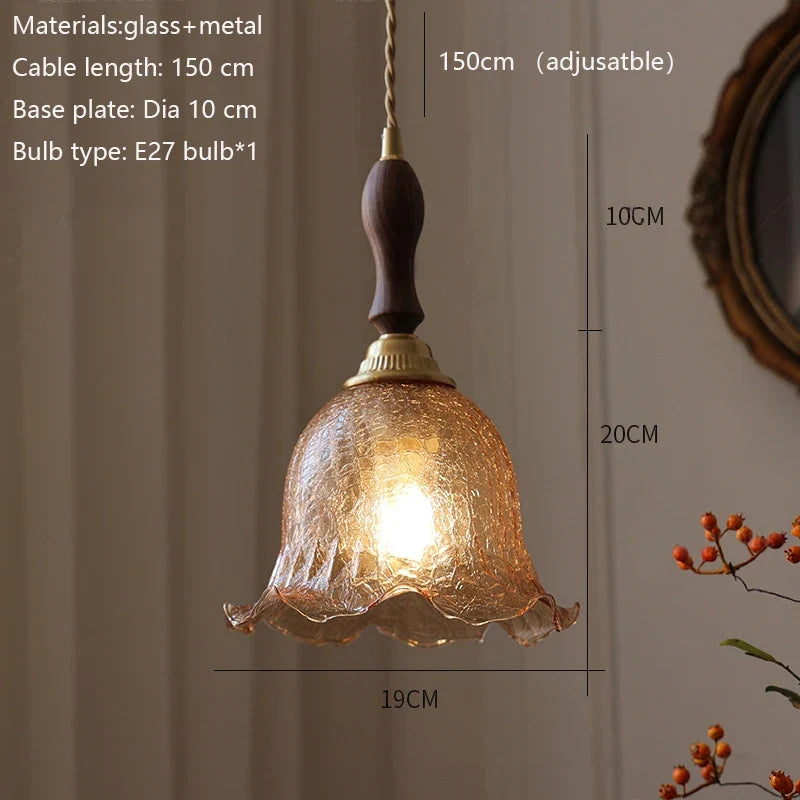 Parelia pendant light — Wood Handle fitting, 19 x 20 cm ice-crackle glass shade