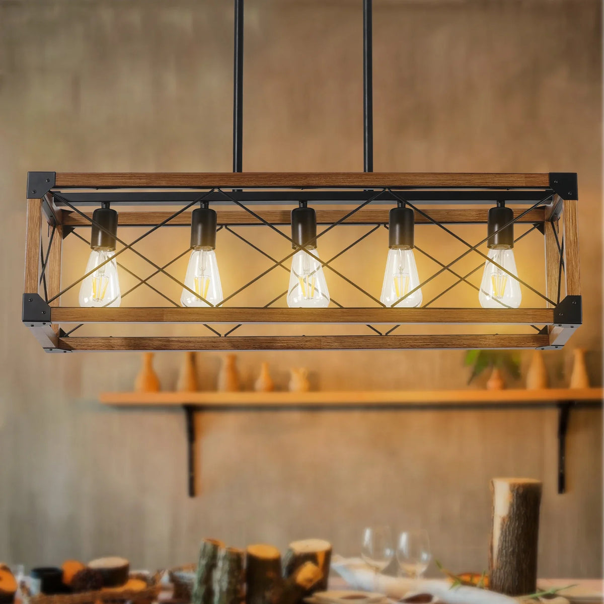 Rustic Wood Iron Linear Chandelier – Hartwyn – Hero Shot