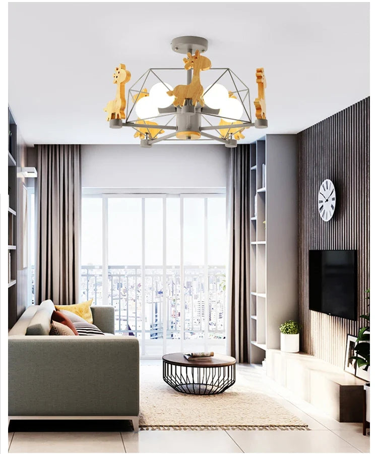 Children's Wood Giraffe Chandelier Lunvix — Gray, living room
