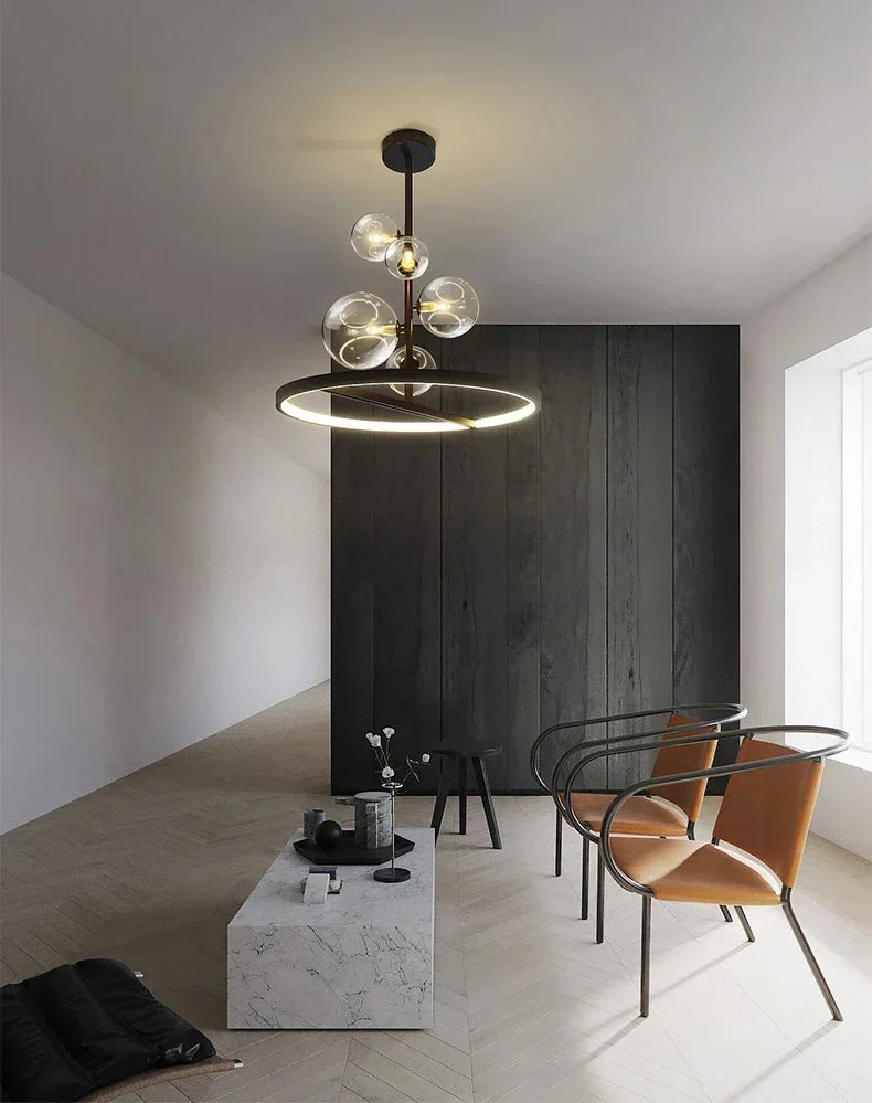 Halo Ring & Glass Globe Cluster Chandelier – Convex – Clear Glass, Ø48cm (Large)