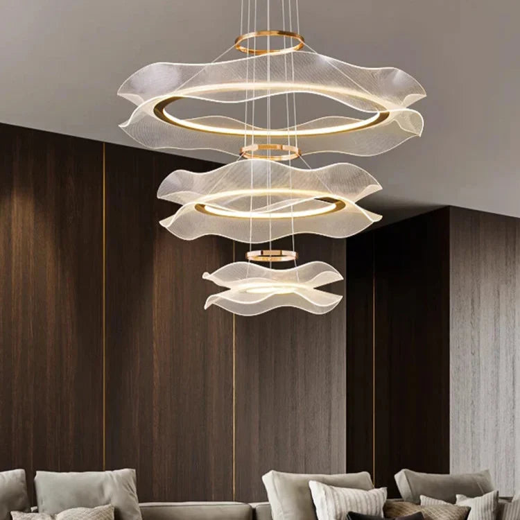 Cascading Petal-Ring LED Chandelier Volrenix – 3-Ring Cascade in Living Room