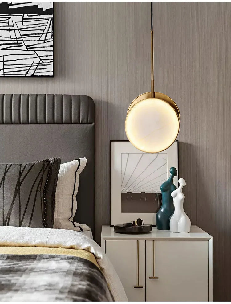 Alabaster Disc & Brass Circle Wall Sconce & Pendant – Tarleon – Pendant Bedside Detail