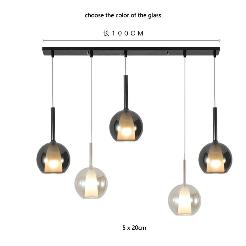 Dual Glass Bell Globe Pendant Light Bellonix – 5-Head Linear (20cm Globes)