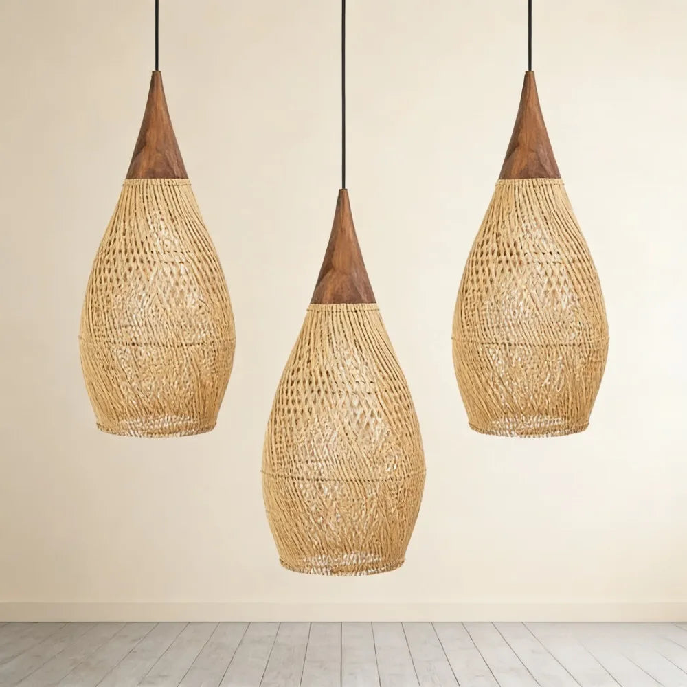 Artisan Woven Rattan Teardrop Pendant Light Tessora – Cluster of Three