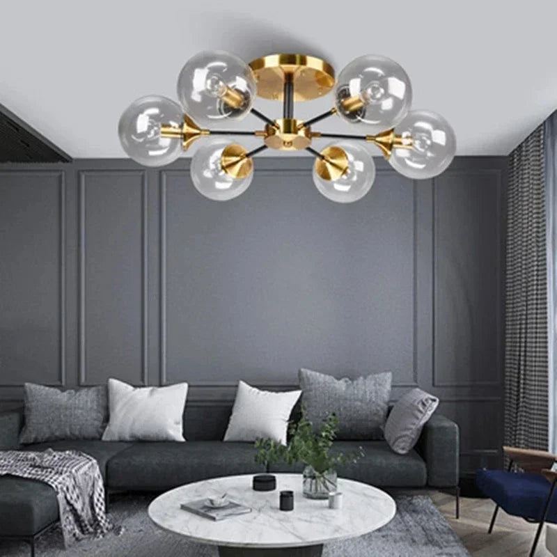Glass Globe Sputnik Chandelier Szaelindra - brass hardware and glass globe detail