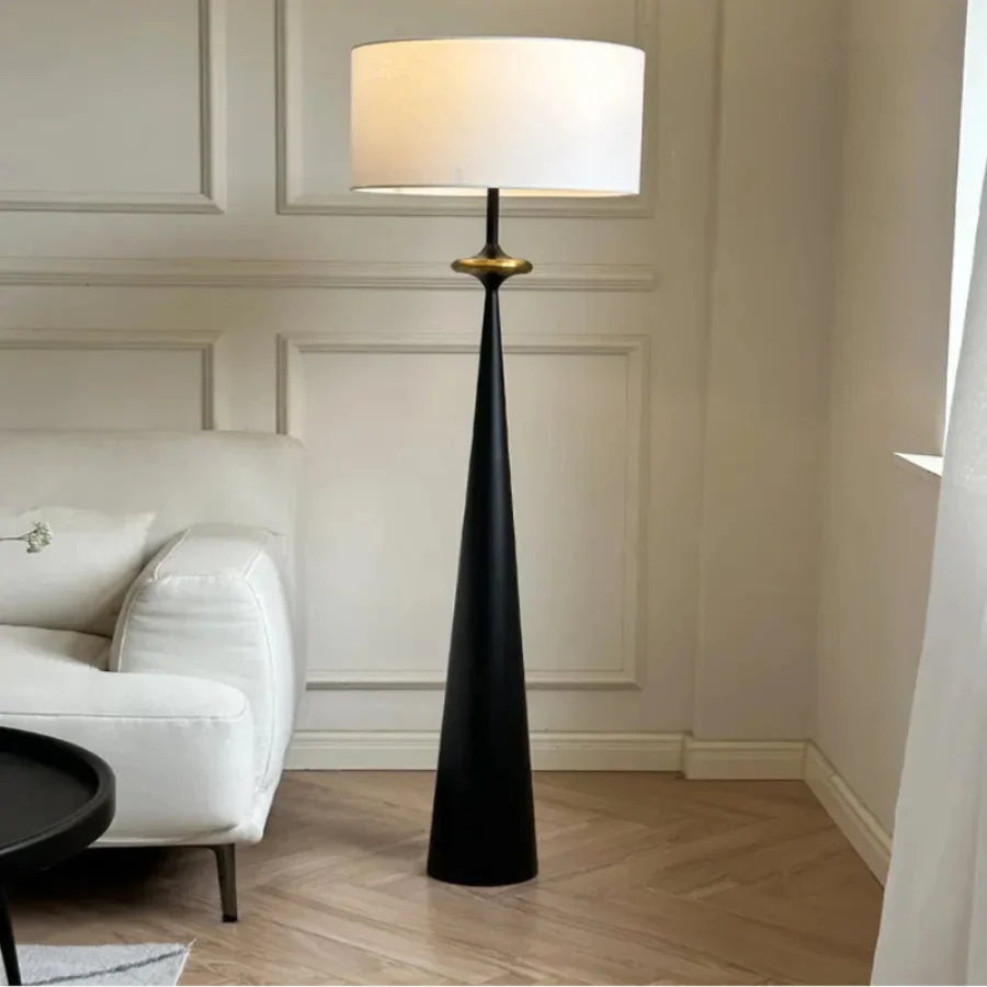 Sculptural Wood Cone Floor Lamp Edvonis – Black Finish, Paneled Wall Interior