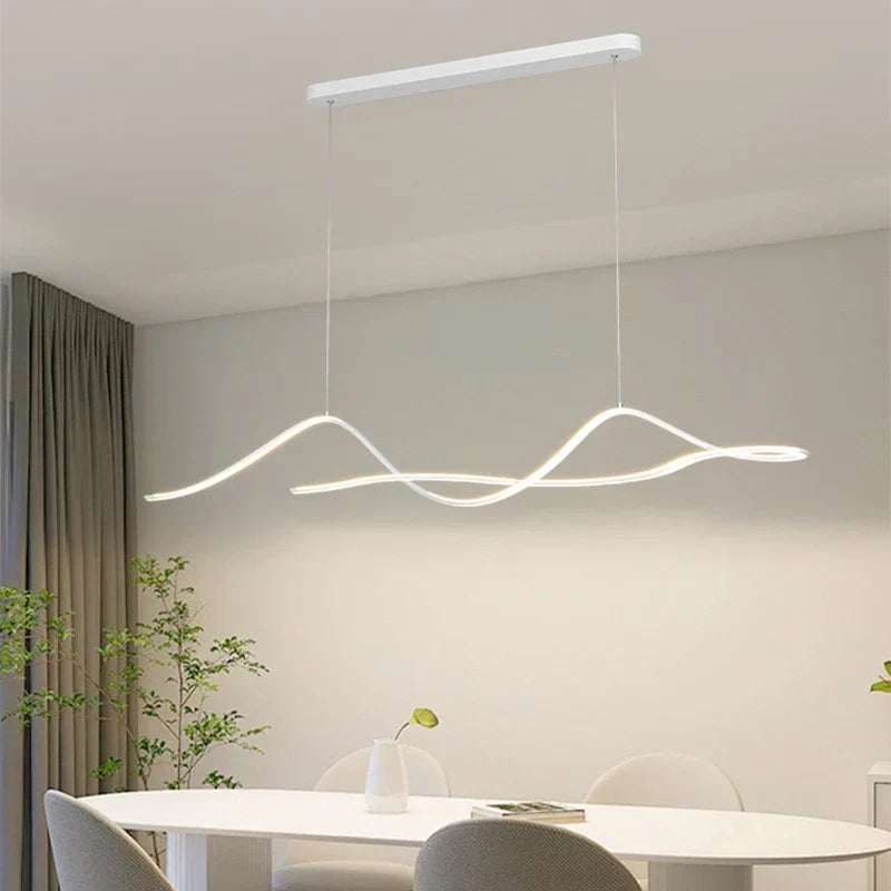 Sinuous Wave LED Linear Pendant Light Thenvorix – White Finish, Dining Room