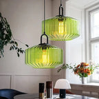 Green ribbed blown glass pendant light Rivenex, dining room lifestyle
