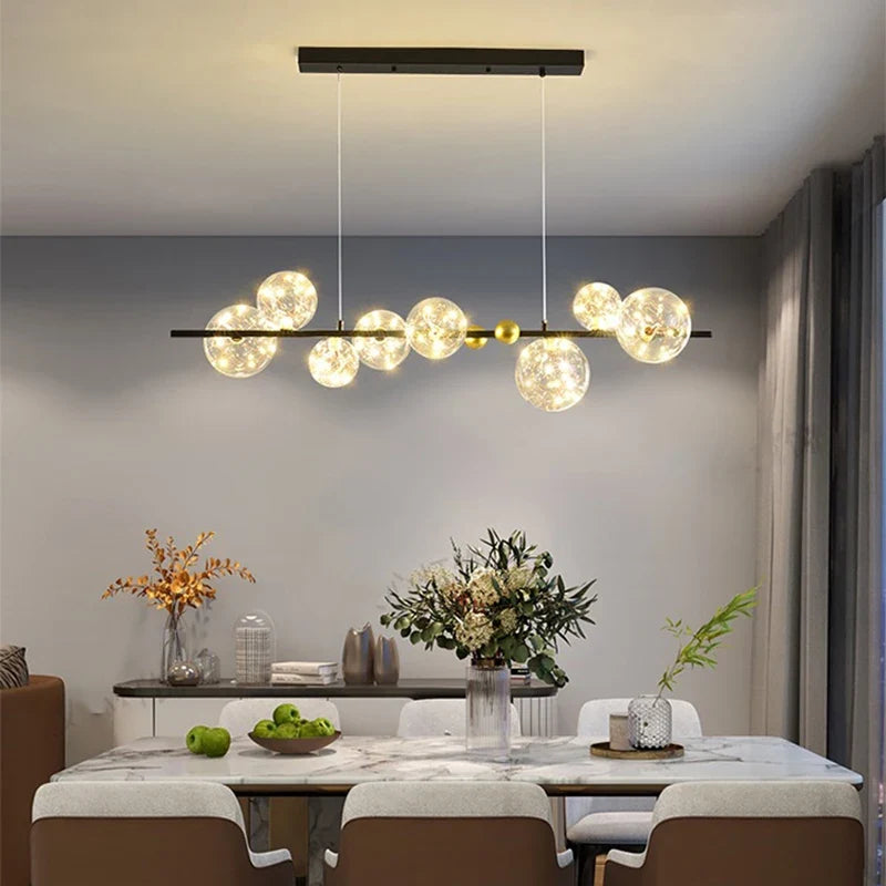 Sculptural Alloy Linear Chandelier Morvelia – Black Frame, Starlight Filament Glass, Lifestyle