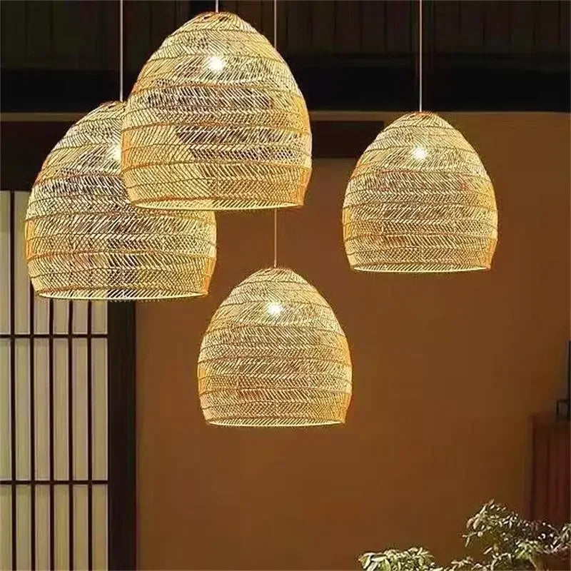 Ktaelindra woven rattan pendant lights — lifestyle in warm interior