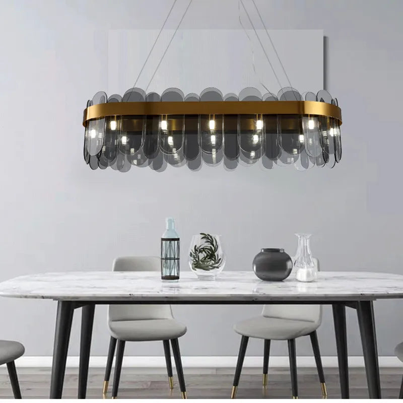 Petalux – Linear L80cm Smoke Grey glass panel chandelier over marble dining table