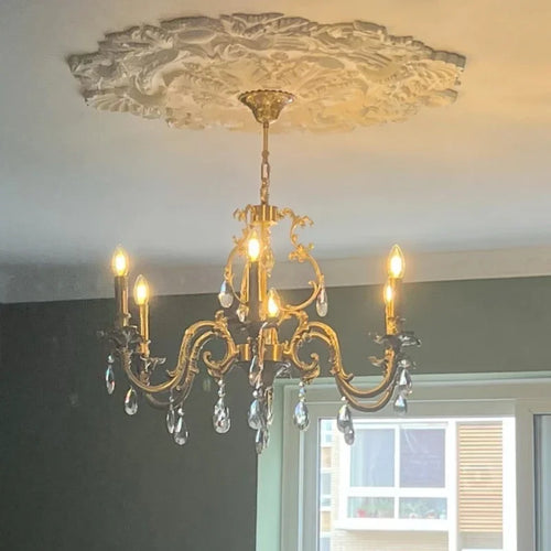 Kaevorn baroque copper and crystal candle chandelier — dining room scene