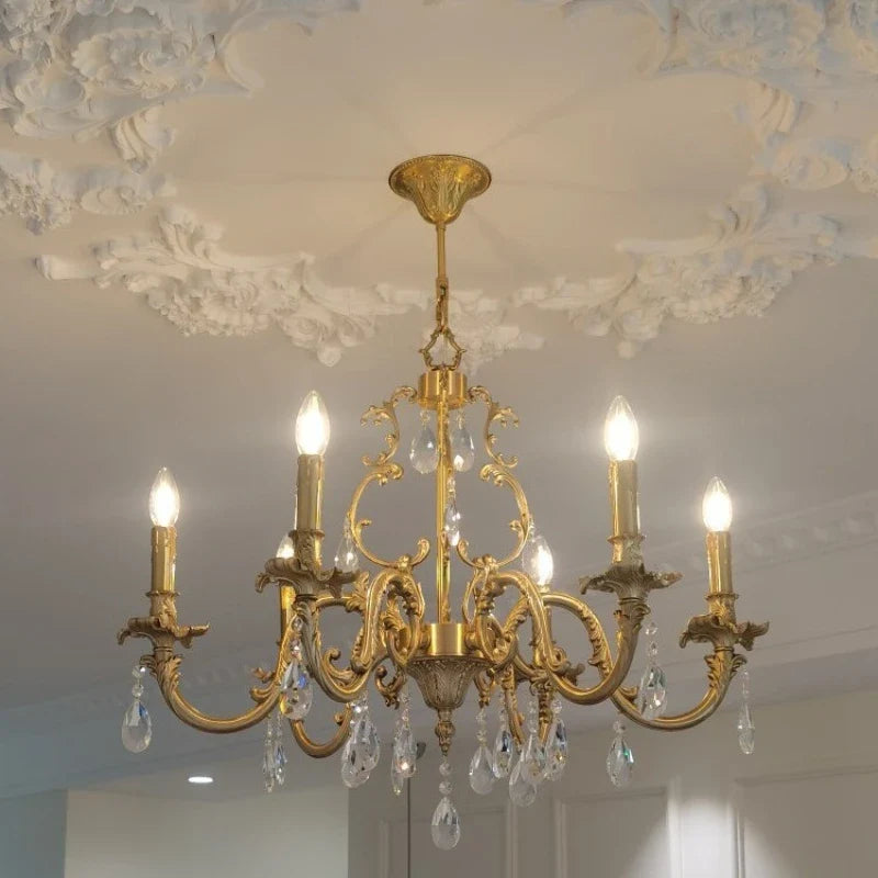 Kaevorn baroque copper and crystal candle chandelier — living room scene