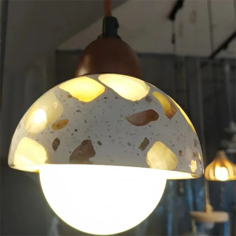 Terrazzo Stone Dome Pendant Light Gvaelindra – Backlit Stone Detail