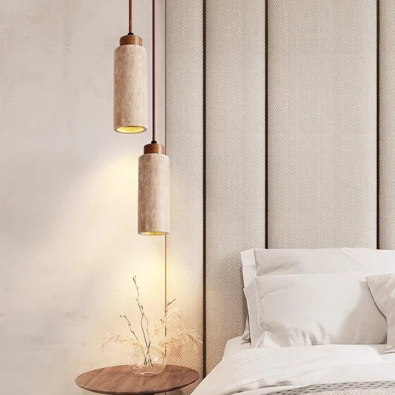 Travertine Stone Cylinder Pendant Light Yalivorn – Lifestyle Bedside View