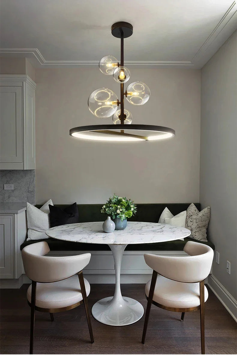 Halo Ring & Glass Globe Cluster Chandelier – Convex – Lifestyle, Clear Glass