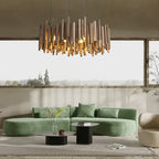 Sculptural Solid Wood Cluster Chandelier – Farova – Lifestyle View – Light Wood Green Sofa