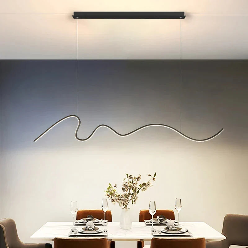 Sinuous Wave LED Linear Pendant Light Thenvorix – Black, Dining Table Detail