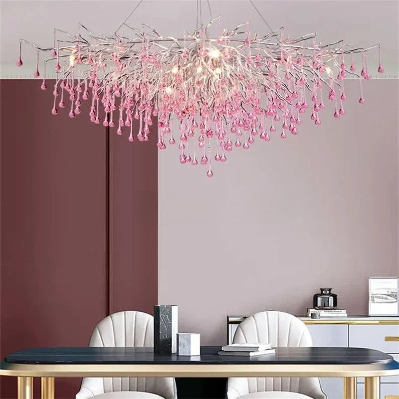 Pink Crystal Raindrop Chandelier Nwaelorn — dining room lifestyle