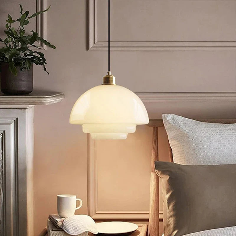 Isavorn Hand-Blown Glass Pendant – White Dome, bedroom setting