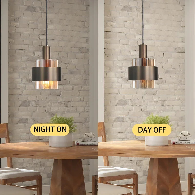Fluted Amber Glass Pendant Light Pyrmont – Warm Glow On vs Off