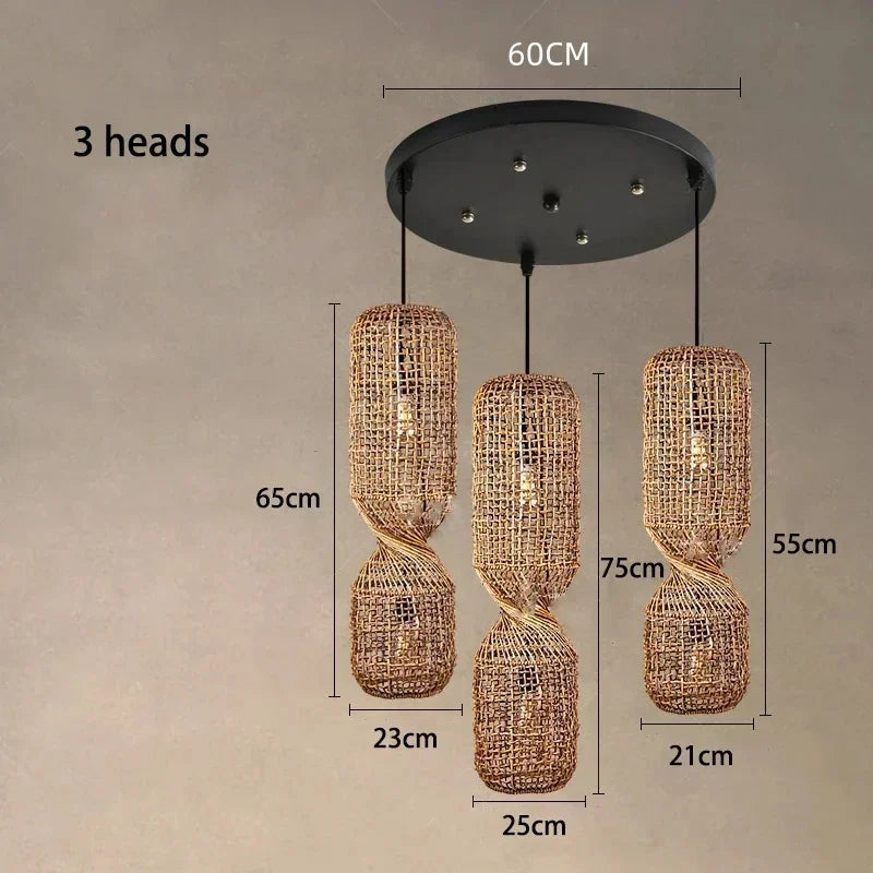 Woven Rattan Hourglass Pendant Light – Faeloria – 3-Light Round Cluster dimensions