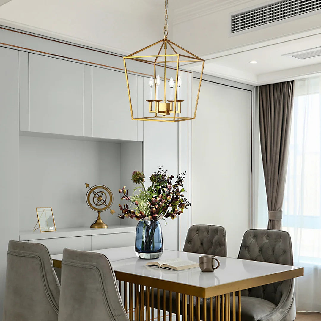 Vintage Gold Lantern Cage Chandelier Malvorn – Lifestyle in Dining Room