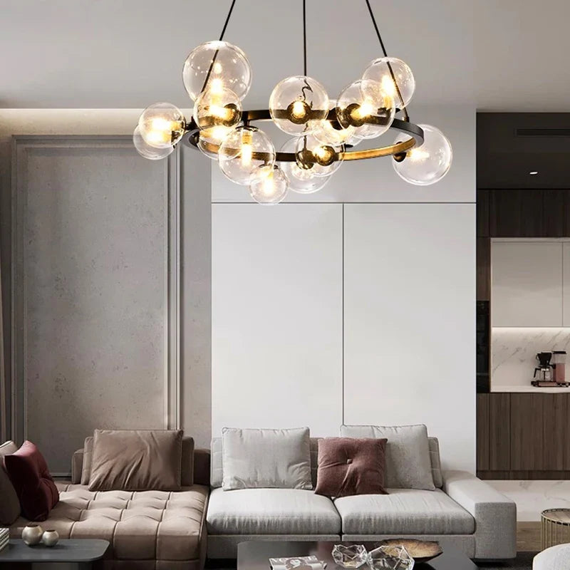 Zwaeron ring chandelier — lifestyle, black finish with clear glass globes