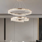 Ecelvor double-ring crystal bar LED chandelier, 60 and 80cm rings, champagne gold, over lounge