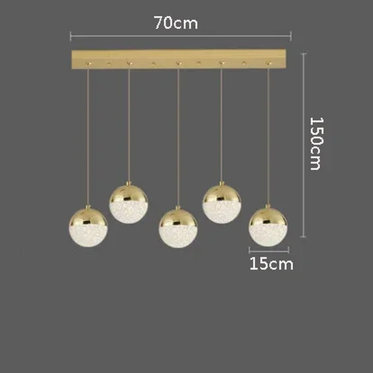 Sand-Textured Crystal Sphere Chandelier Orvenna — 5 Heads Linear Canopy, Gold
