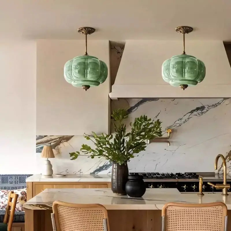 French Fluted Glass Pendant Light Waelion – Melon pair in Jade Green above kitchen island