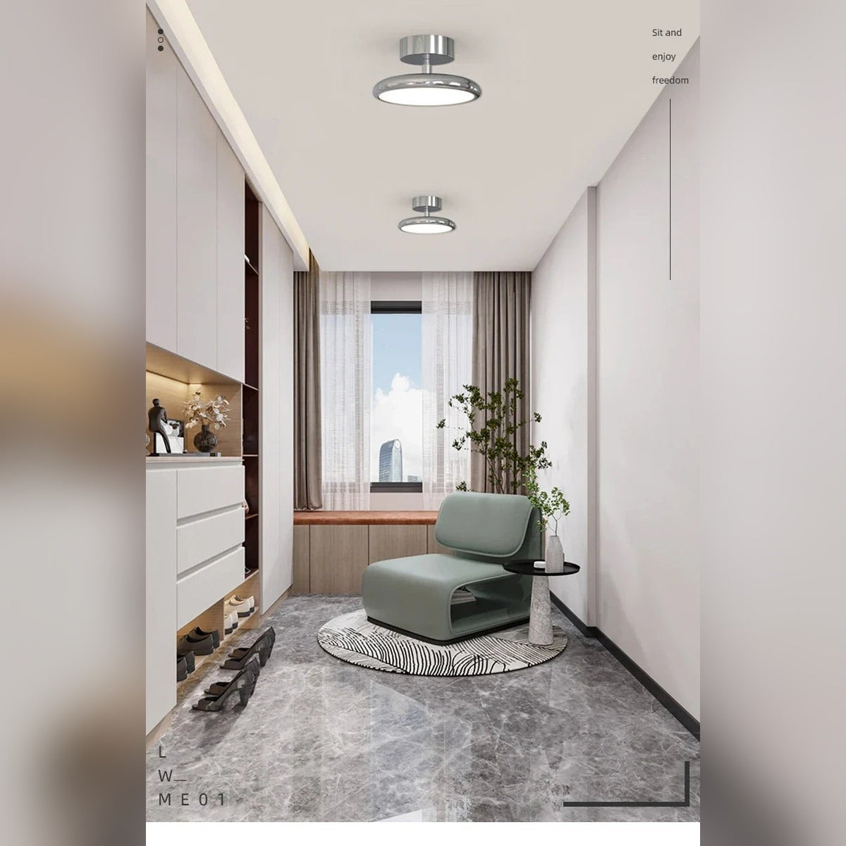 Nyvaro Swivel Halo Spotlight Ceiling Light – Lifestyle Hallway View, Chrome