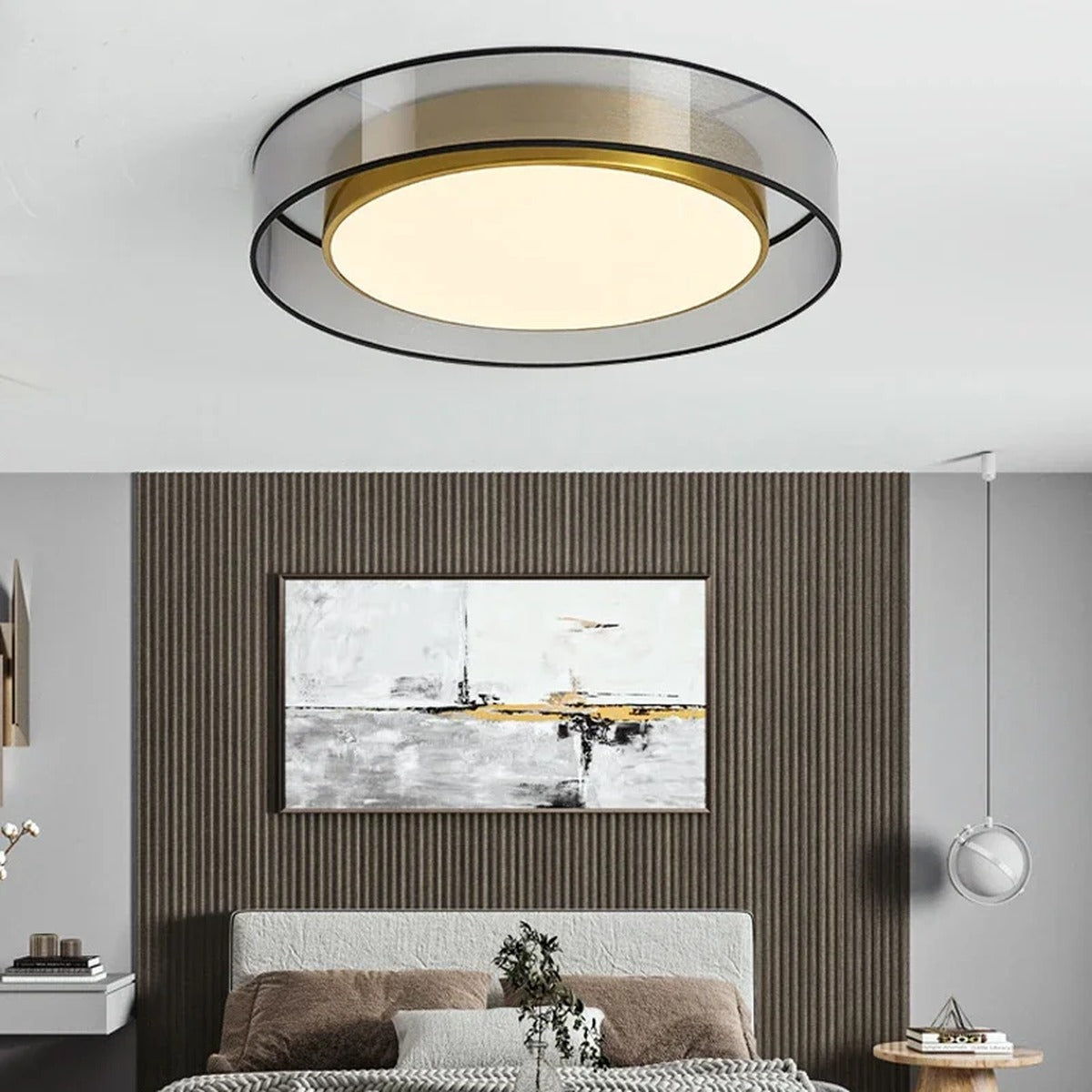 Meridex Round Brass Ring Flush Mount Ceiling Light — lifestyle view, warm light on