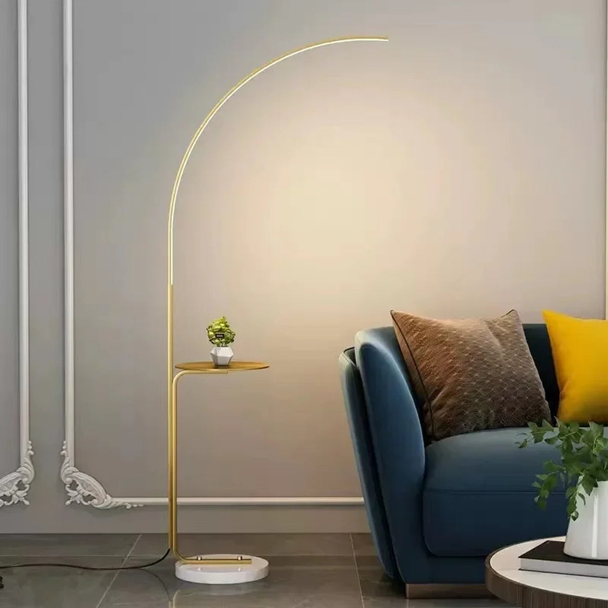 Arclume Arc Floor Lamp — Gold, living room lifestyle