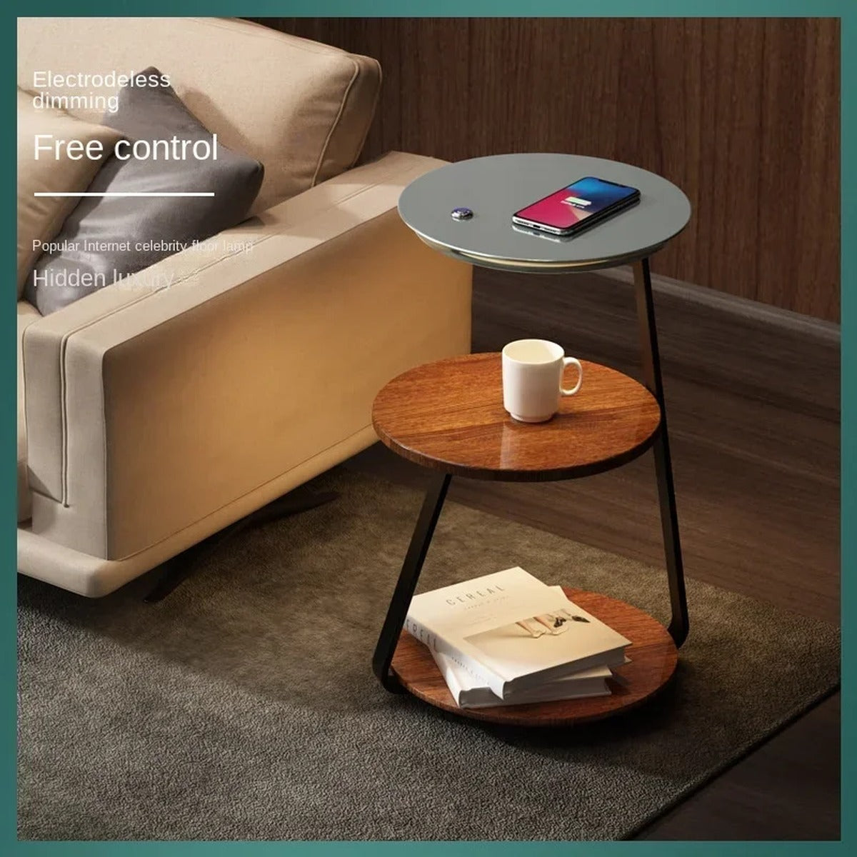 Tiered Wood & Iron Side Table Lamp Lingerith – Living Room Lifestyle