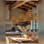 Htaeloria woven bamboo pendant light over rustic kitchen island