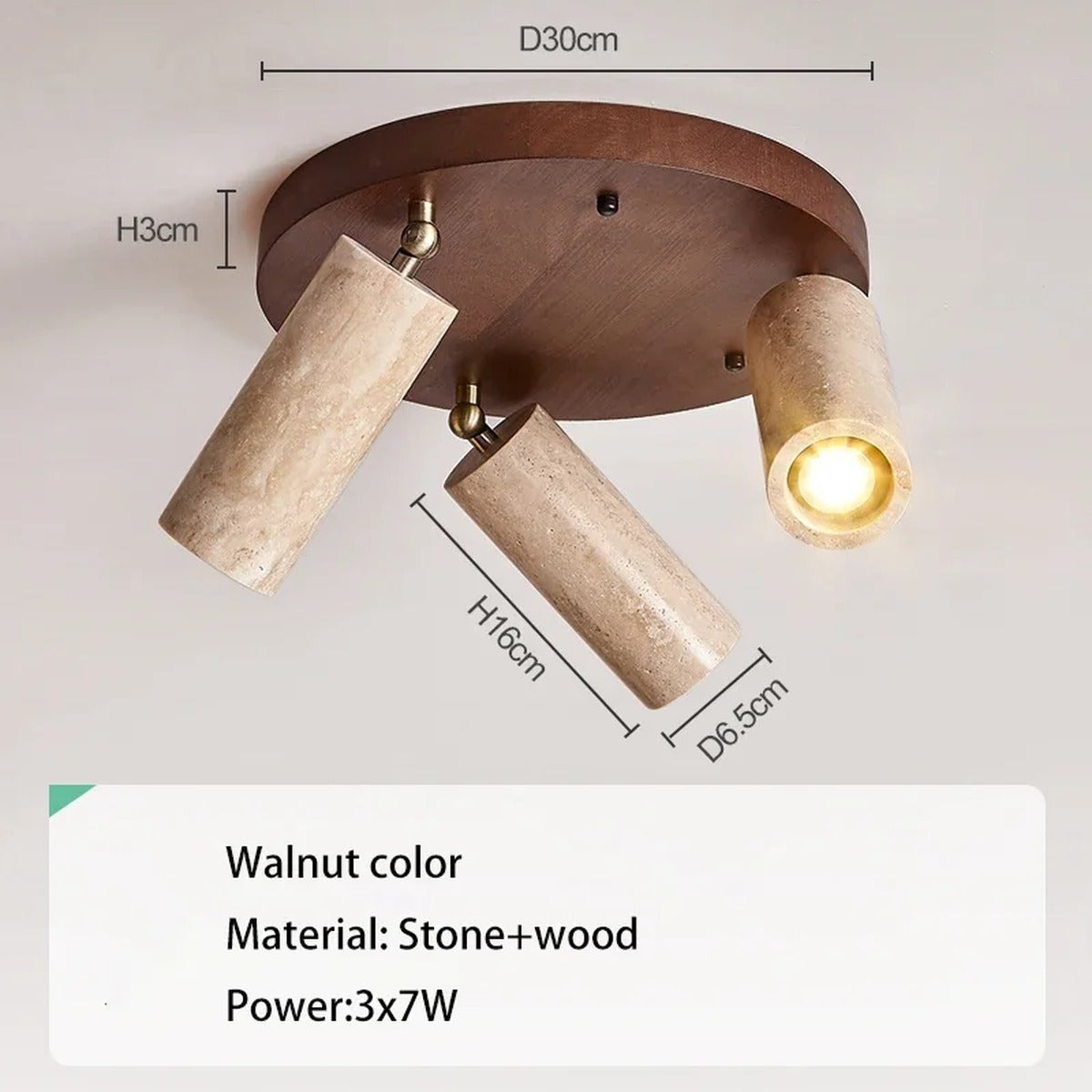 Travertine 3-Head Adjustable Ceiling Spotlight – Solveth – Walnut Dimensions