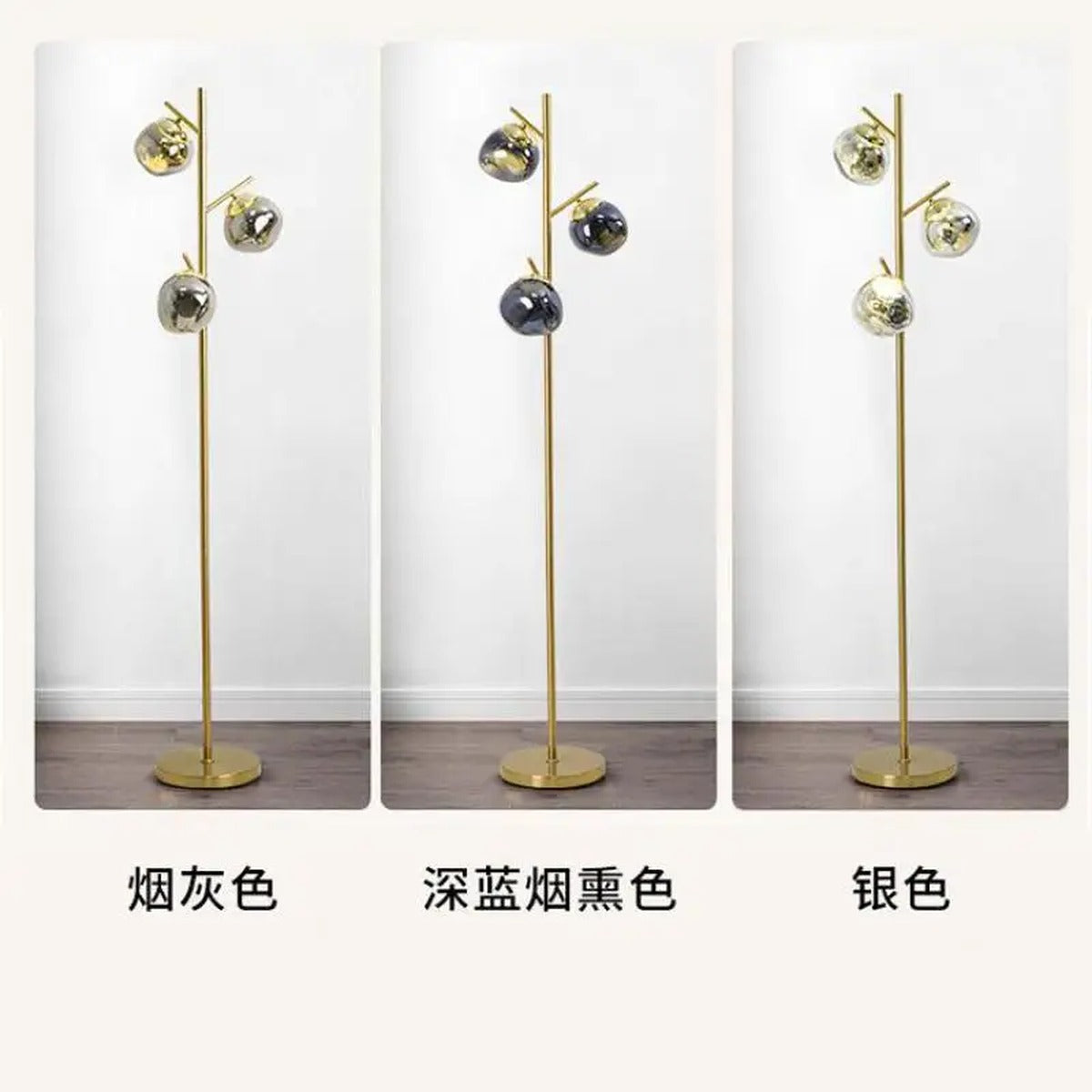 Ambris floor lamp finish comparison, smoke-gray, dark blue, and silver globes