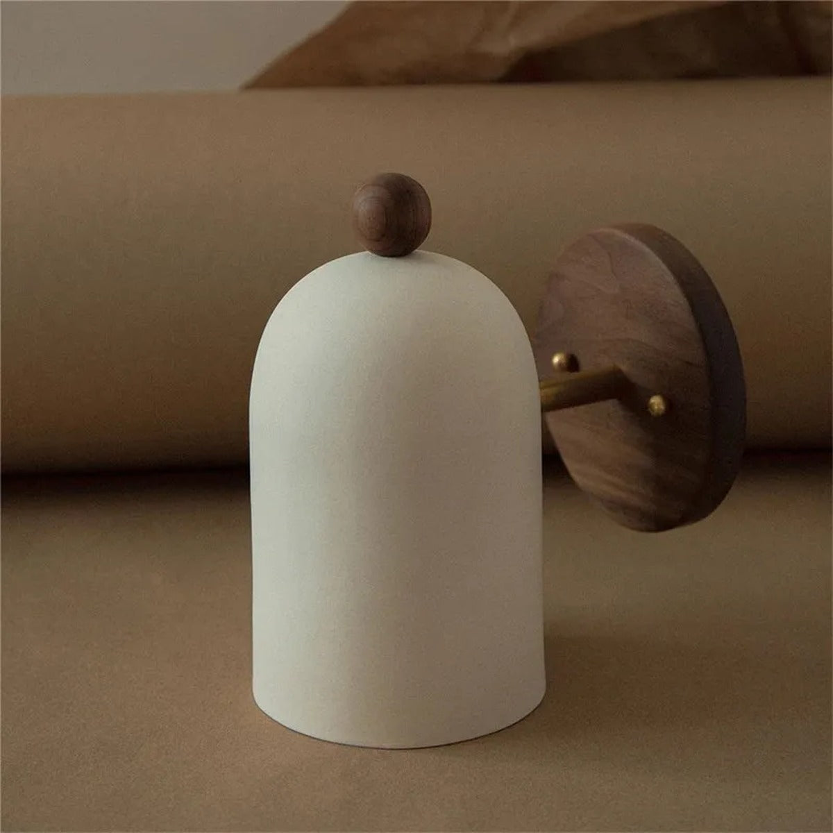 Belroven Wall Sconce, Round Backplate & Finial — Ivory Dome, Walnut & Brass, Styled Detail