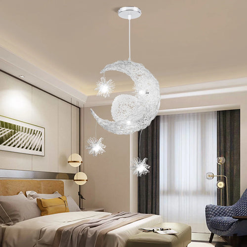 Celestial Moon & Star Pendant Light Csaelinth – Lifestyle in a Modern Bedroom