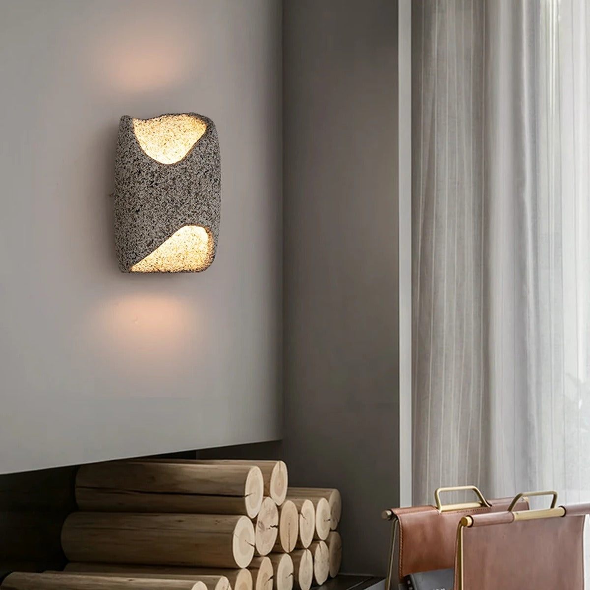 Carved Diagonal Aperture Stone Wall Sconce – Ioluxen – Lifestyle View 2